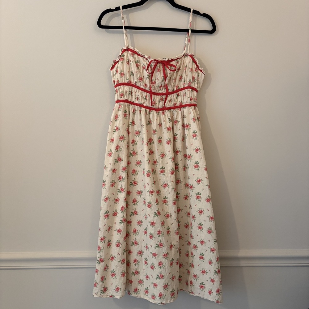 Storia Cotton Milkmaid Floral Midi Dress Size M Boho Cottage Ren Faire Pin Up
